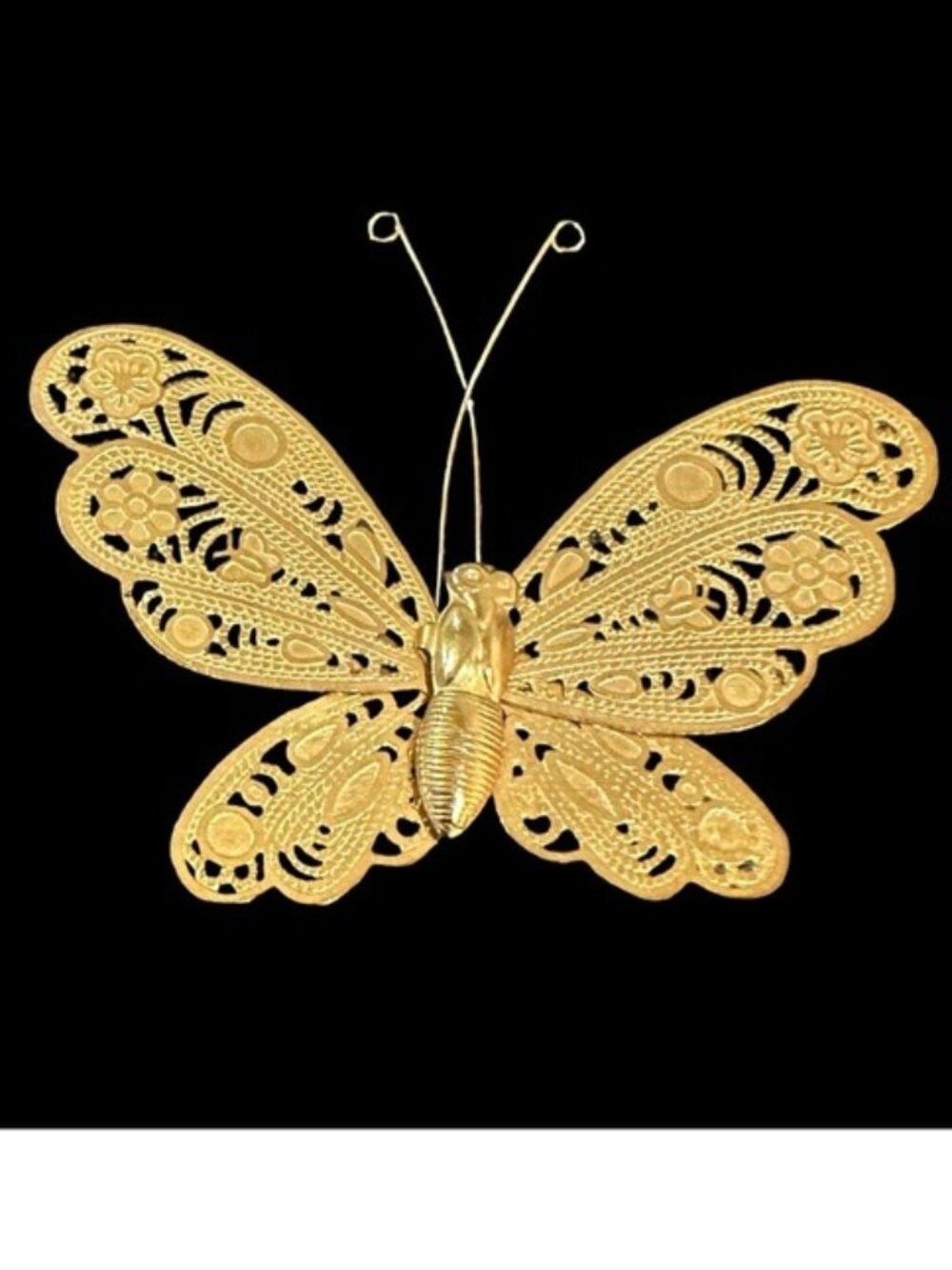 Filigree Butterfly Brooch Antique Gold Tone Floral Design